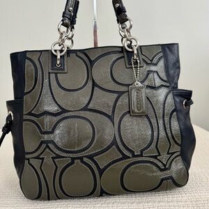 Coach Colette Signature Overlay Leather Tote – Olive & Black (16449)